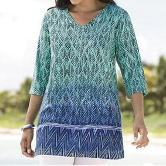 Ulla Popken Border Blues Print V-Neck Cotton Knit Tunic Top Tribal Ombre 32/34 - Picture 2 of 11